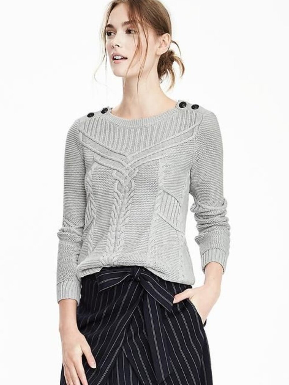 Banana Republic Mixed Cable-Knit Shoulder-Button Sweater - Size L excellent cond
